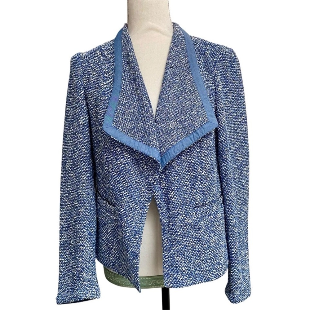 Talbots Blue White Tweed Open Front Blazer Jacket Small Boucle Career Office - Picture 2 of 15